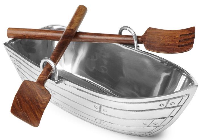 ROW BOAT SALAD BOWL WITH WOOD SERVING UTENSILS