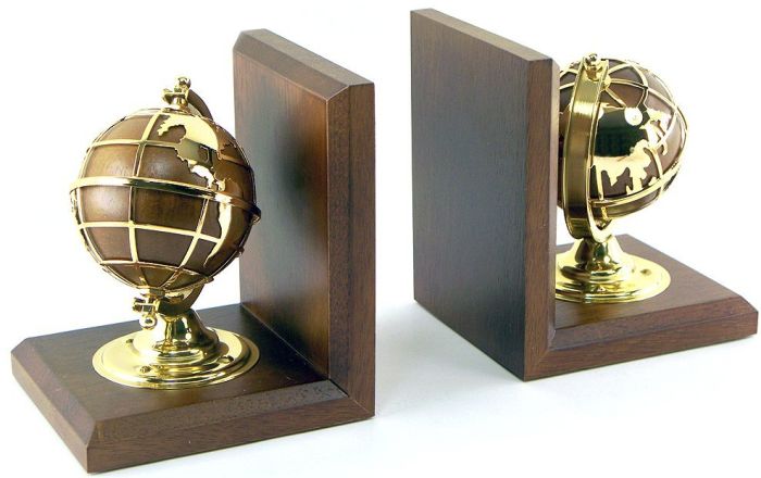 Gold Plated Brass & Oak New Century Globe Bookends