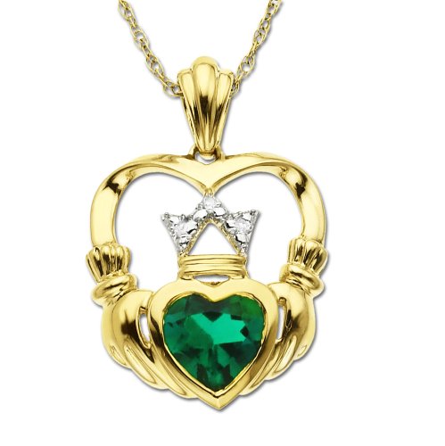 14k Yellow Gold Created Emerald and Diamond Claddagh Pendant