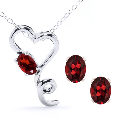 Oval Red Garnet Heart Shape Pendant Earrings Set