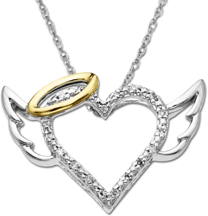 Sterling Silver and 14k Yellow Gold Diamond Winged Halo Heart Pendant 