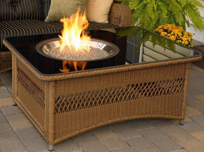 Resin Wicker Fire Pit Table in Saddle