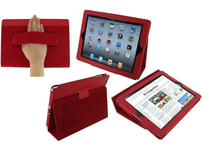 Red) Case Cover with Elastic Hand Strap and Stand for Apple iPad 2 / iPad 3