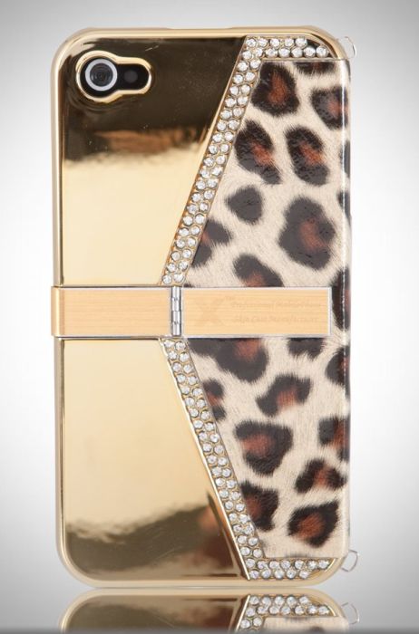 Gold Bling Leopard Purse w Stand Textured case cover for Apple iPhone 4