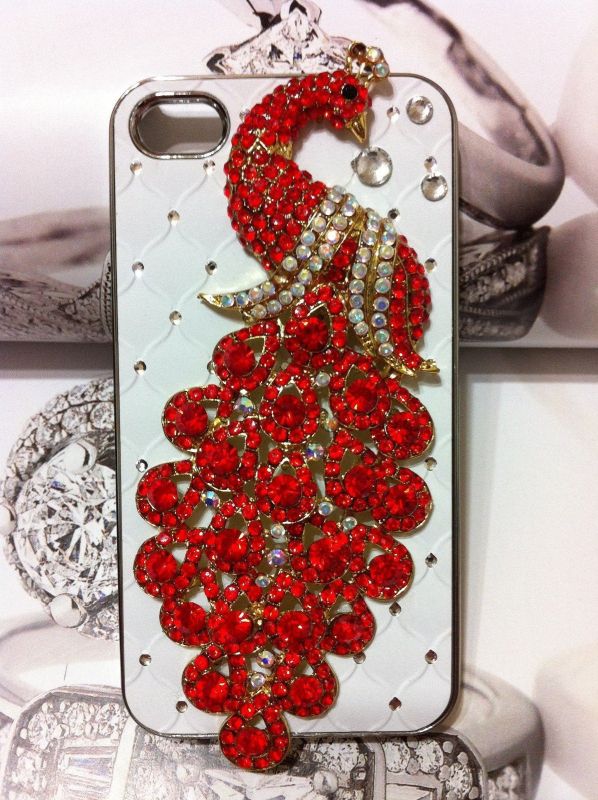 Luxury Designer Bling Crystal Case Handmade Red Peacock for Apple Iphone 4 and 4s
