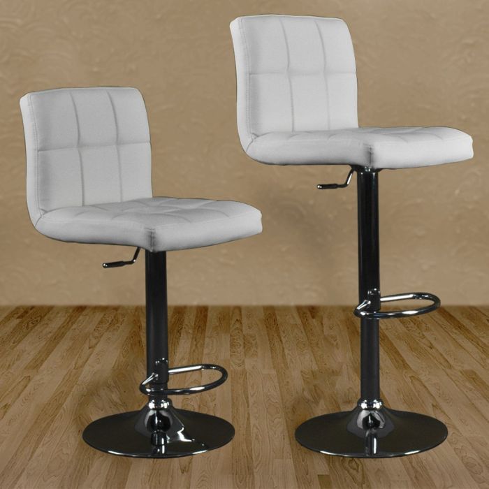 Set Of 2 White & Chrome Finish Air Lift Adjustable Bar Stools