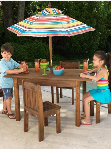 Table and Stacking Chairs with Striped Umbrella