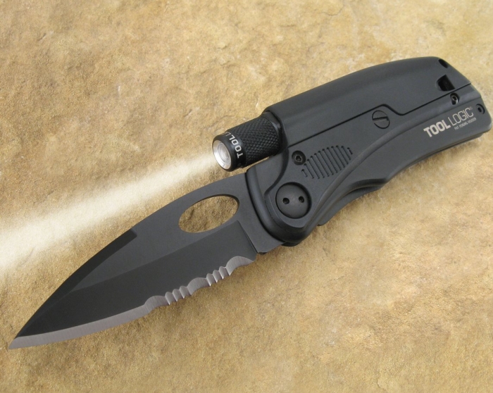 Tactical Folding 1/2 Serrated Knife With LED Flashlight