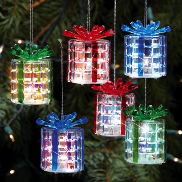  Color Changing Lighted Gift Box Ornaments - Set of 6
