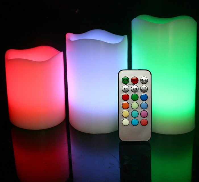 Set of 3 Round Melted Edge Remote Controlled Multi Color Changing Flameless Wax Pillar Candles
