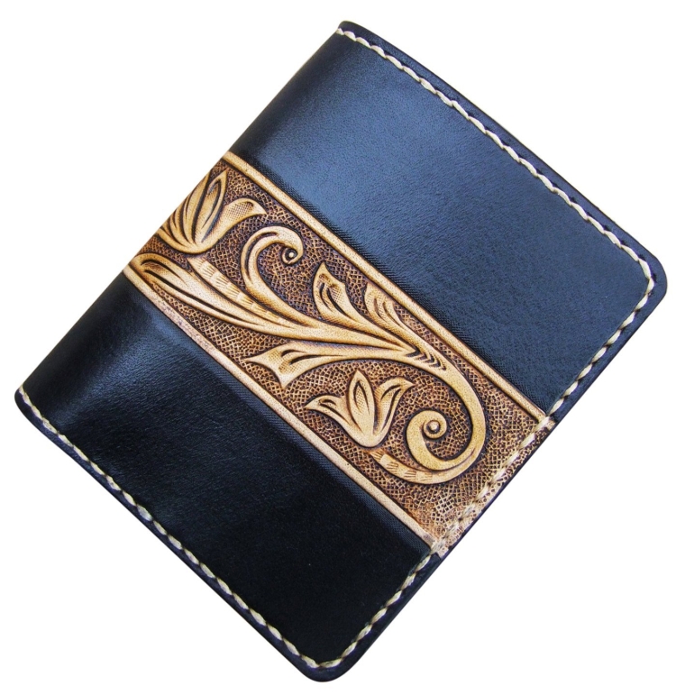 Handmade Leather Craft Wallet Black Carved with Ivory Tang Dynasty flower Design
