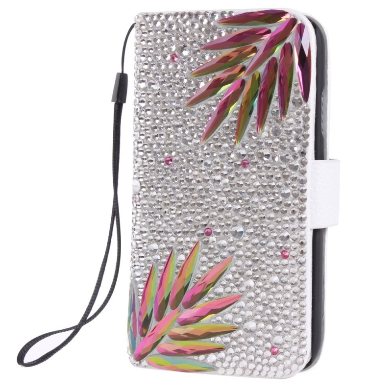 Luxurious Diamond Bling Leaves Pattern PU Leather Protective Flip Wallet Case Stand Cover