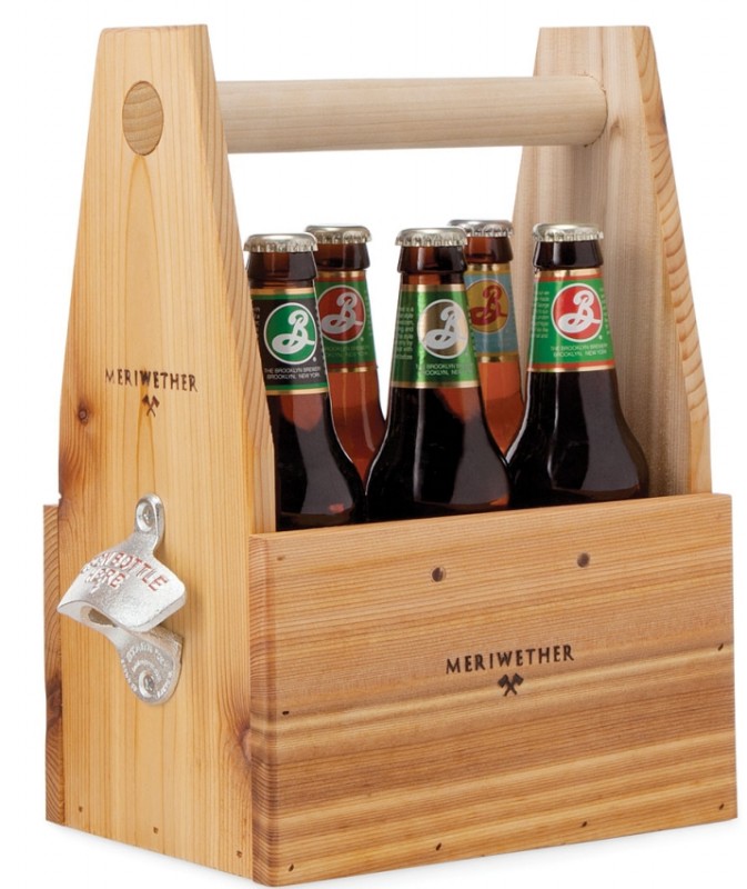 WOODEN BEER TOTE WITH BOTTLE OPENER