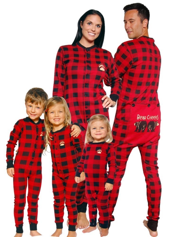 Bear Cheeks Lazy One Adult Red  Black Plaid Flapjack Family Matching Pajamas
