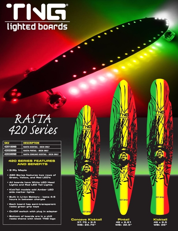 LED Lighted Rasta Longboard Pintail - Illuminated Pintail Longboard