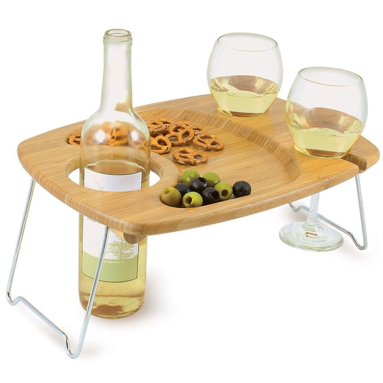 Portable Wine Serving Table Tray With Folding Legs And Glass Holders