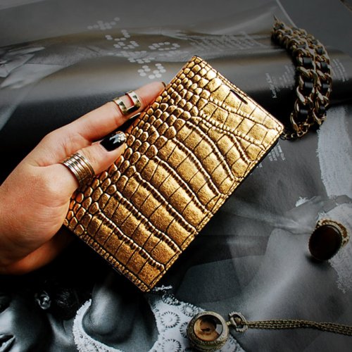 Gold Croco Genuine Leather Crocodile Pattern Diary Cover Case for Samsung Galaxy S5