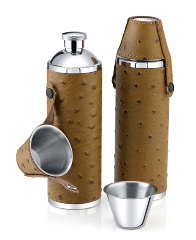 Leather Tube Flask with 2 Cups Brown Ostrich