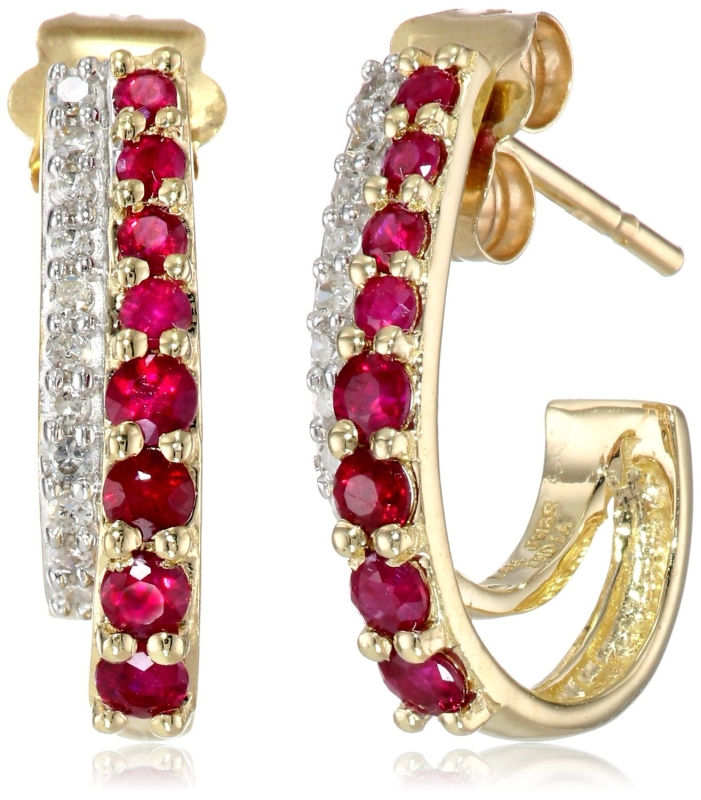 14k Yellow Gold Round Ruby White Diamond Earrings