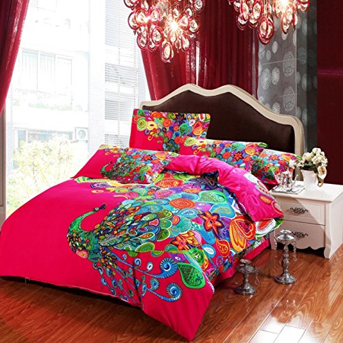 4 pieces Colorful Peacock Animal Red Floral Prints Duvet Cover Set