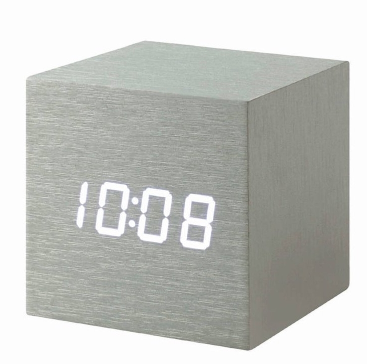 Aluminium Cube Click Clock with White display showing TimeDate Temperature