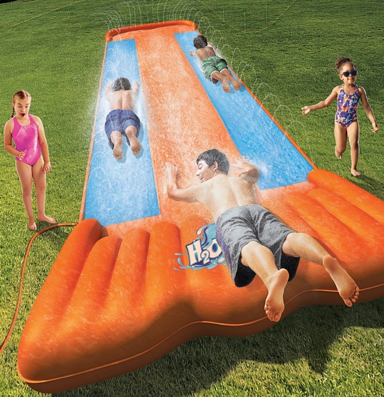 Outdoor Kids Tough Inflatable Launch Pad H2O Go Triple Slider w Landing Pad