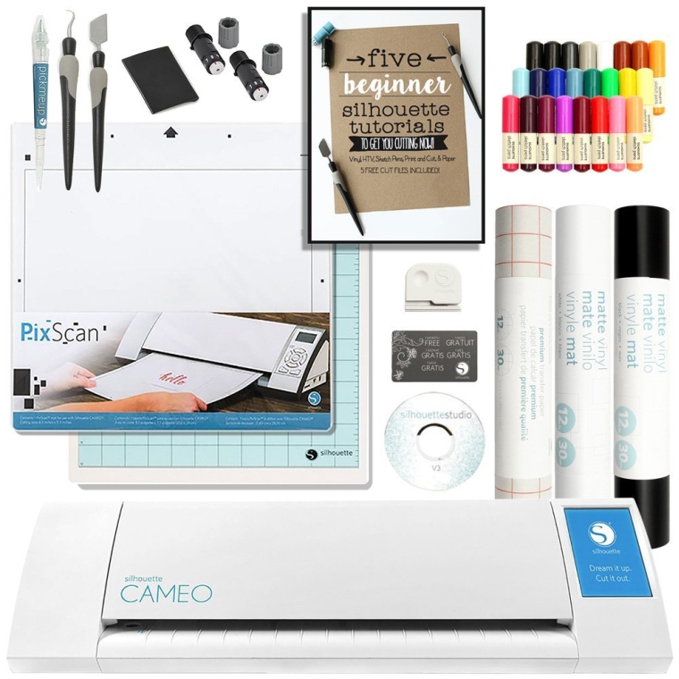 Silhouette Cameo Touch Screen, Sketch Pen Set, Pixscan, Starter Guide, 2 Full Rolls Vinyl, Transfer Paper, Tools, and More