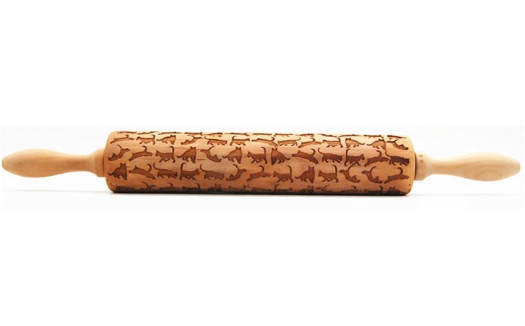 Wooden Laser Engraved Rolling Pin with Cats Pattern for Embossed Cookies