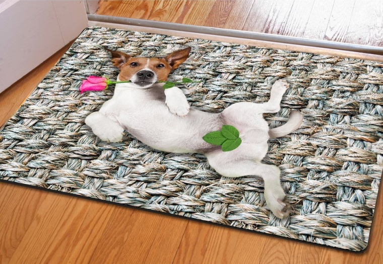Cute Dog with Rose Funny Style Rectangular Kitchen Front Porch Door Mats