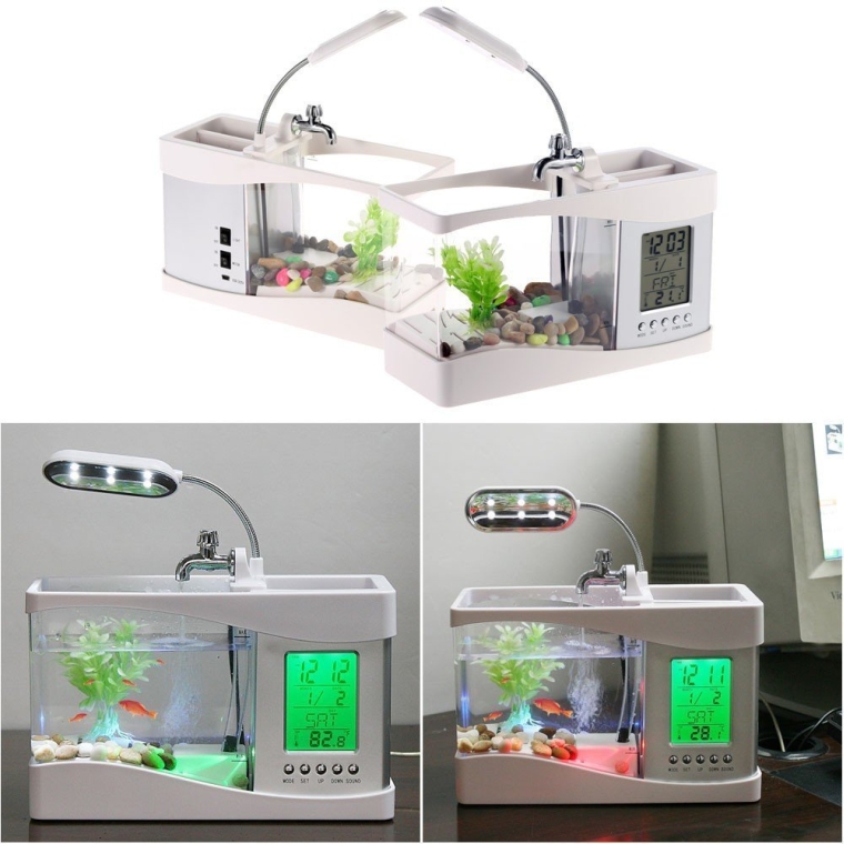 Mini USB LCD Desktop Lamp Light Aquarium Fish Tank with LED Clock