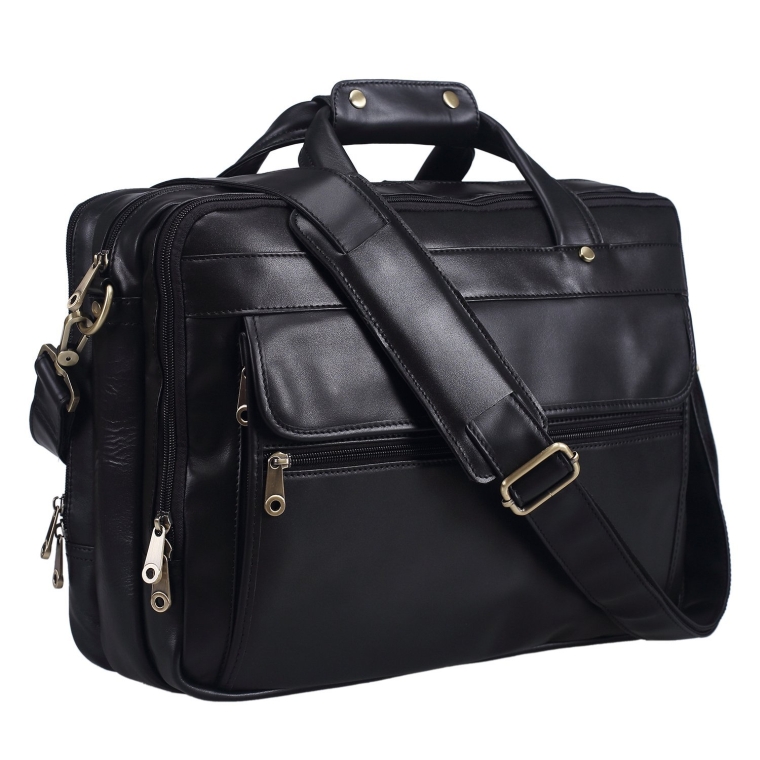Polare Genuine Leather Men's Black Briefcase Laptop Bag Messenger Handbag