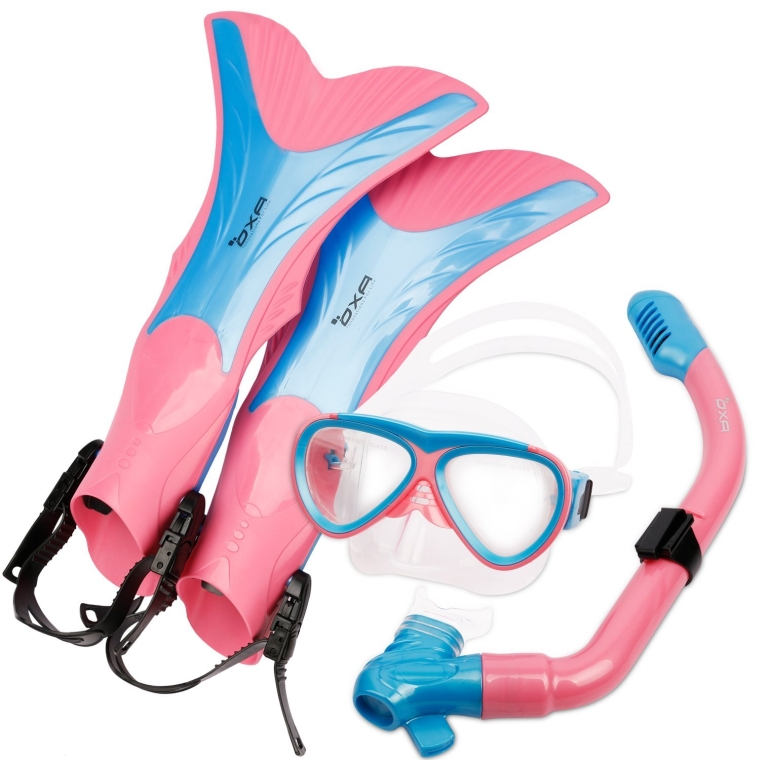 Scuba Diving Snorkel Set including Dry Top Snorkel, 2-Windows Tempered Glass Mask and Trek Fins for Kids