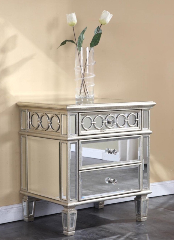 Elegant 3 Drawer Mirrored Night Stand End Table in Silver Leaf Finish