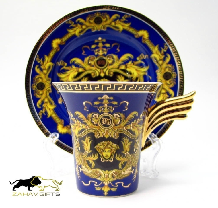 Porcelain Set of 12 Gold & Blue Teaware Espresso Cups