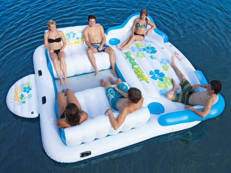 Tropical Tahiti Inflatable Floating Island 6 Person Capacity Contoured Sofas with Built-in Coolers