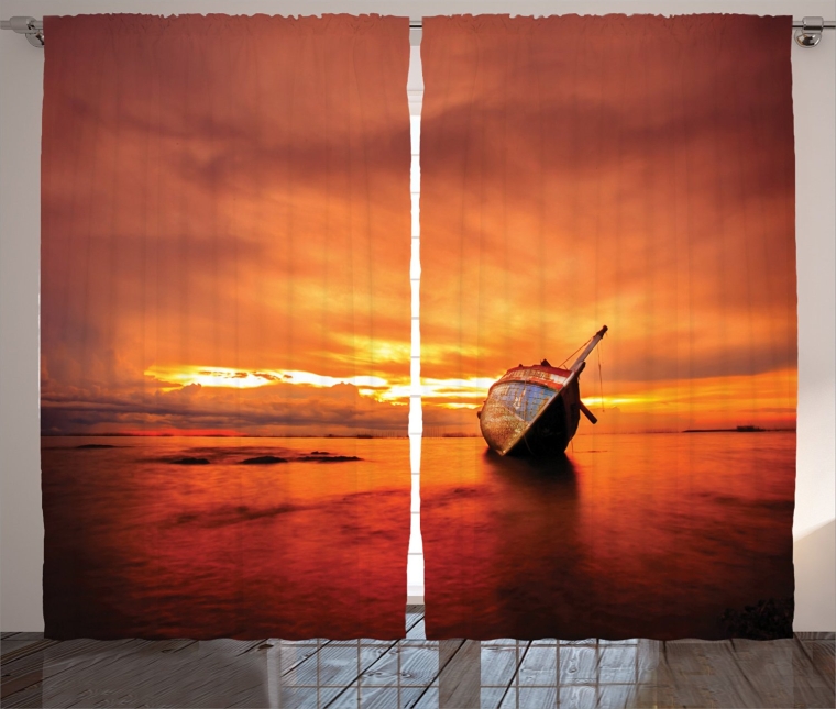 Sailboat Bends Down to the Sea at Dreamy Paradise Hazard Vividly Illuminated Sky Scenery, Living Room Bedroom Curtain