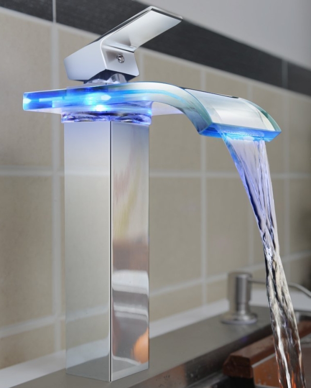 Water Power Waterfall Bathroom Sink Faucet with Color Changing LED Lights Glass
