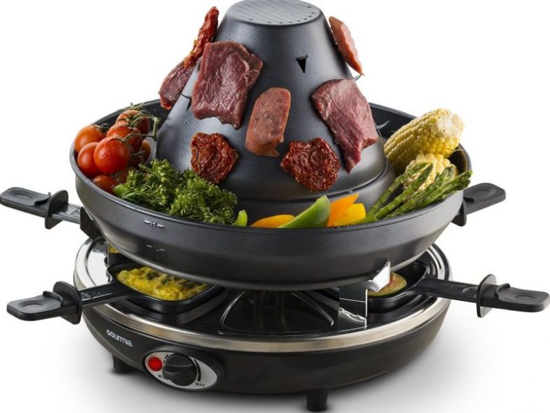 Gourmia Electric Raclette Party Grill With Vertical Grilling Sombrero & 6 Cheese Melting Trays