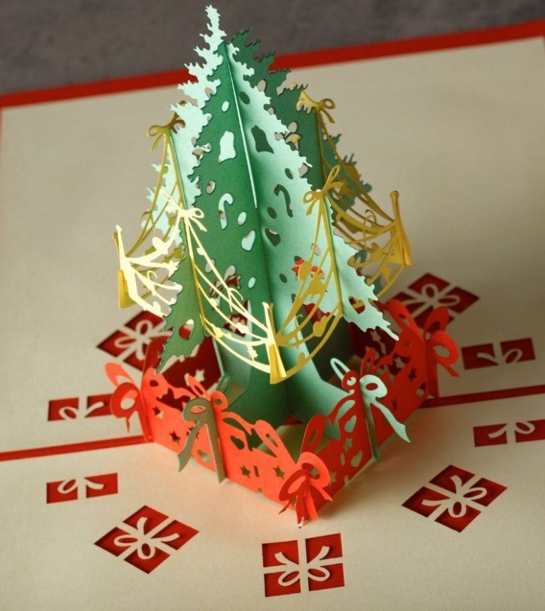 Merry Christmas Tree elk Vintage 3D laser cut pop up paper greeting cards