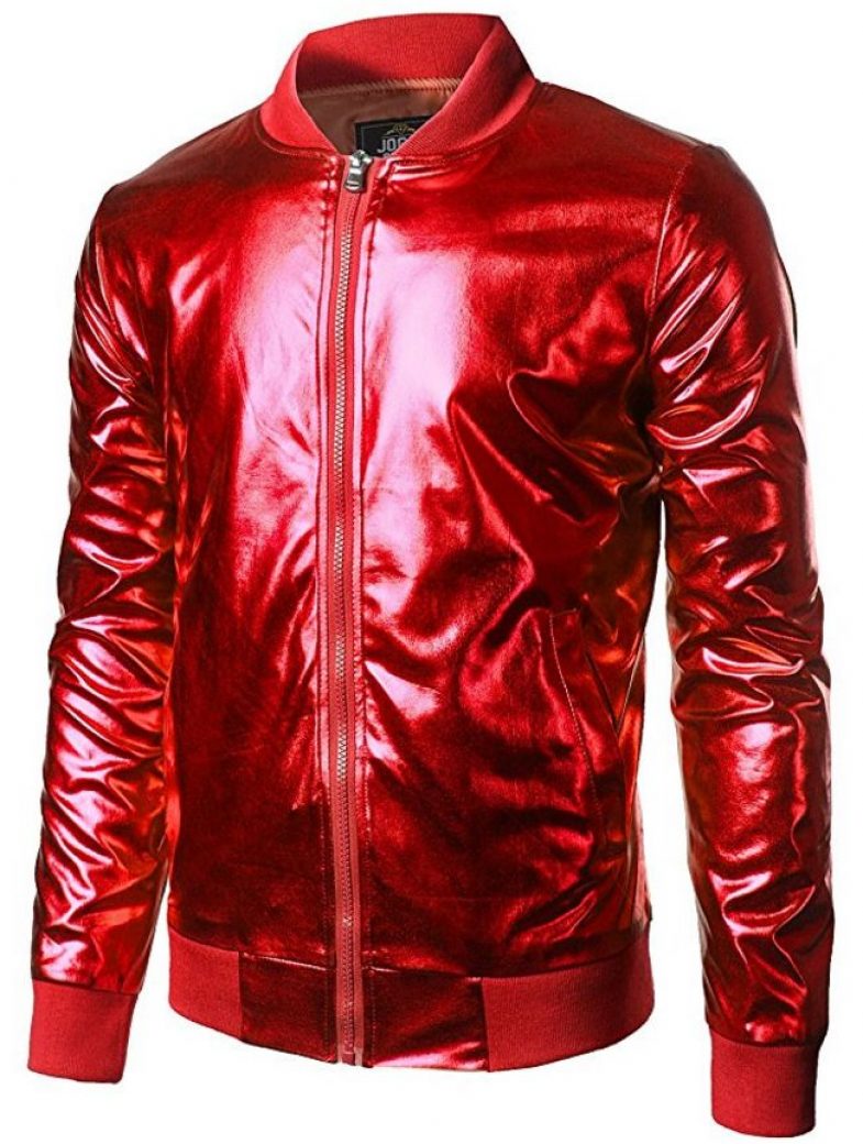 Mens Metallic Nightclub Styles Zip Up Varsity Baseball Bomber Jacket