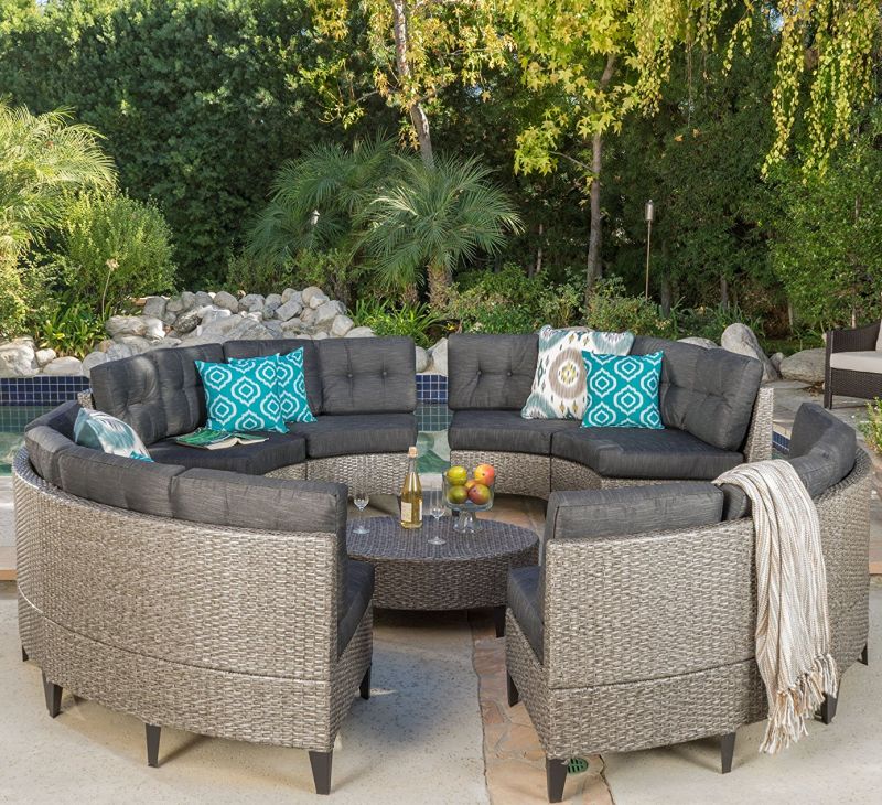 Currituck Outdoor Wicker Patio Furniture 10 Piece Black Circular Sofa