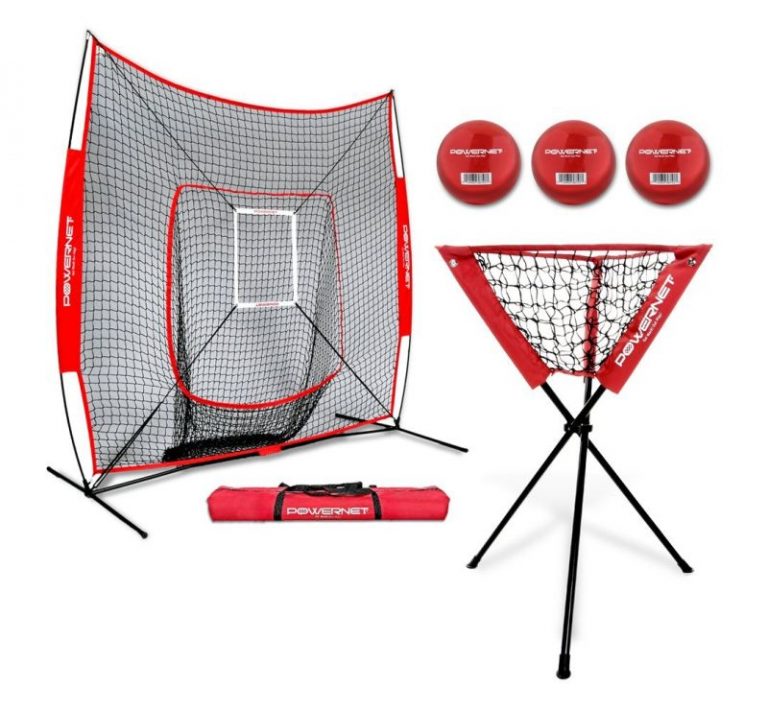 DLX Baseball Softball 7×7 Practice Net Bundle wStrike Zone, Ball Caddy + 3 Training Balls