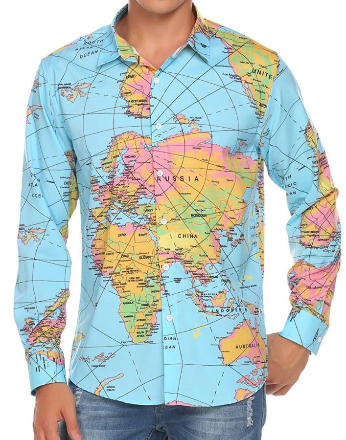 Men’s Hawaiian Shirt Long Sleeve Map