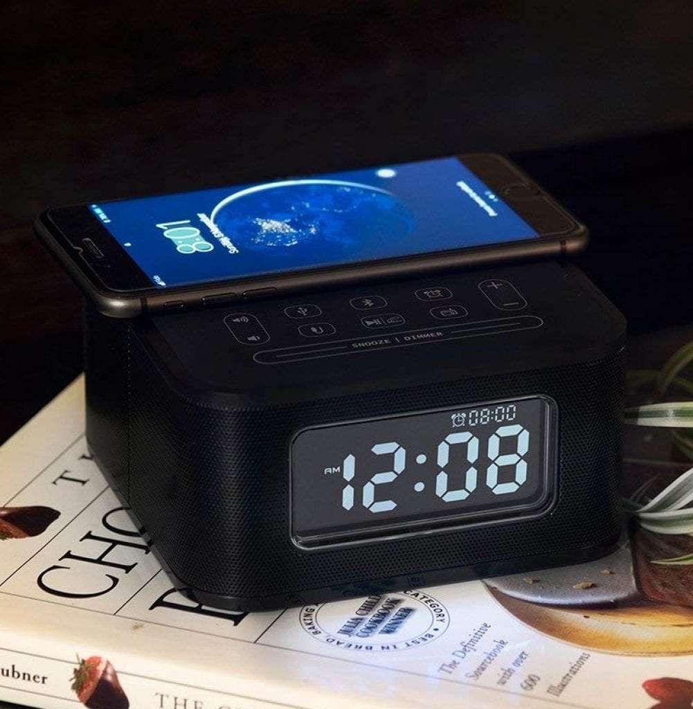 Homtime Wireless Charging Alarm Clock Radio with Bluetooth Speaker