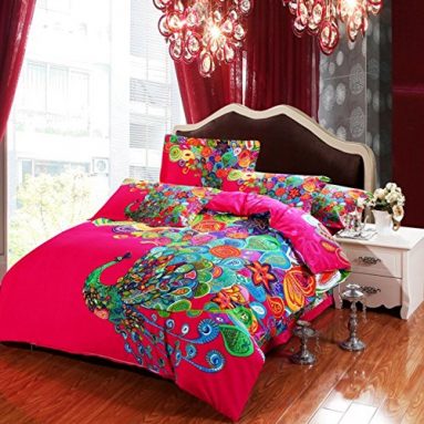 4-pieces Colorful Peacock Animal Red Floral Prints Duvet Cover Set