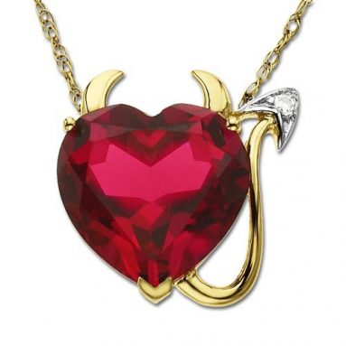 14k Yellow Gold Lab-Created Ruby Heart Devil Pendant with Diamond-Accent