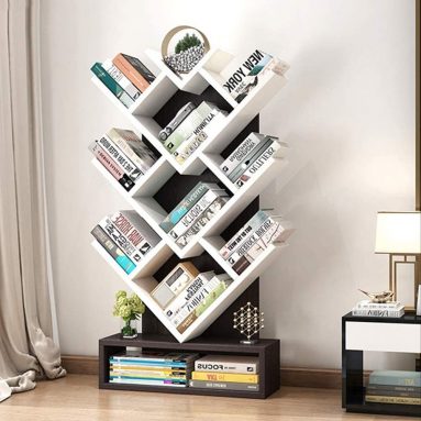 Wood Bookshelf Tree Storage Shelf Floor Standing Bookcase