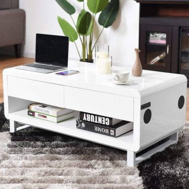 Built-in Bluetooth Speakers and Volume Controls Drawer LED Light Modern Coffee Table