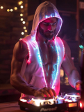 Men White Hooded Tank LED Light Up Sync Burning Man Rave Tops Night