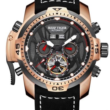Reef Tiger Sport Luminous Watches Rose Gold Leather Strap Analog Automatic Men’s Watch